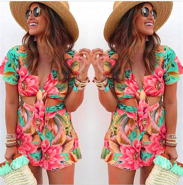 Virágmintás női nyári overál szalaggal