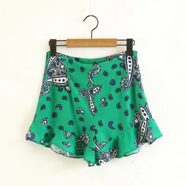 Nyári női rövidnadrág zöld színben mintával, magas derékkal