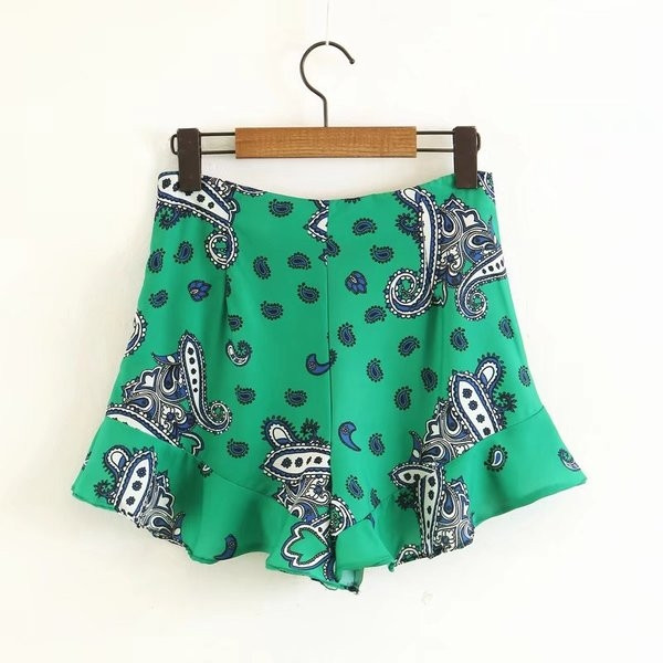 Nyári női rövidnadrág zöld színben mintával, magas derékkal