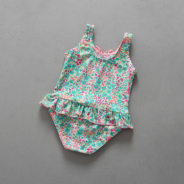 Gyengéd gyermek teljes fürdőruha lányoknak mintával és mini szalaggal