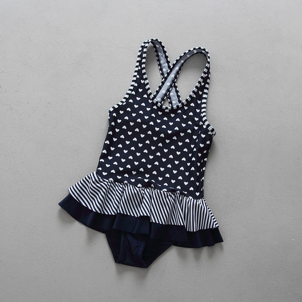 Costum de baie intreg pentru fete in albastru bleumarin cu imprimeu