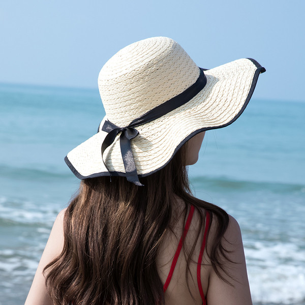Pălărie de paie de damă cu cravată pentru vară