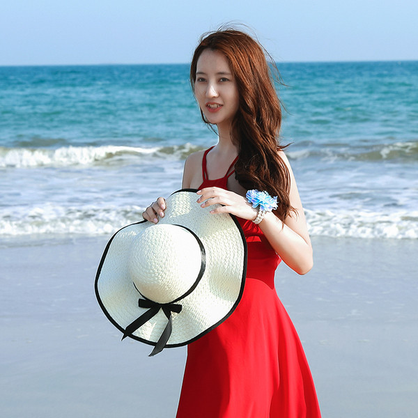 Pălărie de paie de damă cu cravată pentru vară