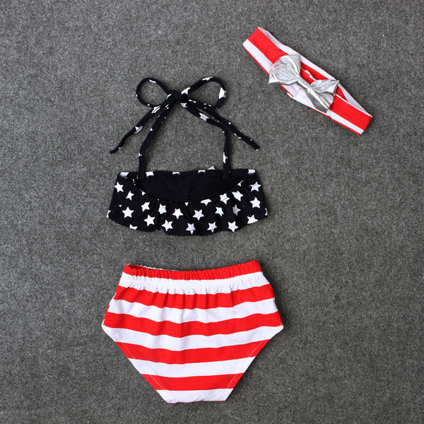 Costum de baie copii pentru fete in trei parti cu imprimeu si panglica