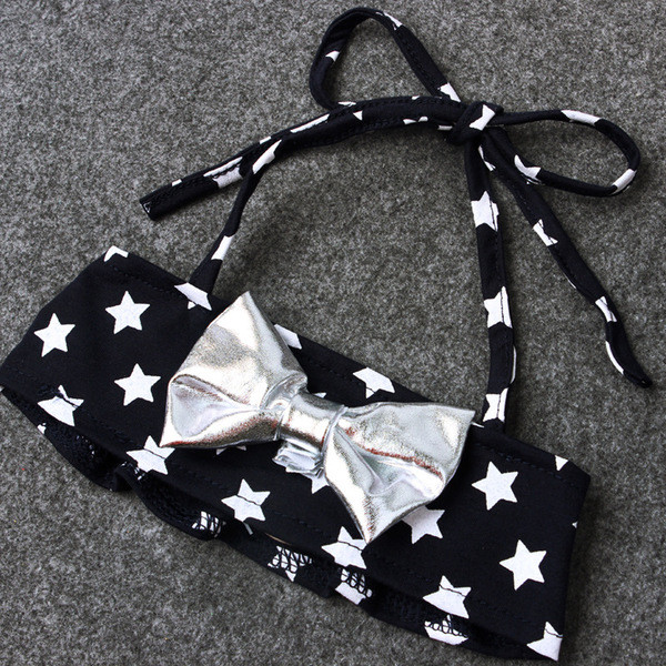 Costum de baie copii pentru fete in trei parti cu imprimeu si panglica