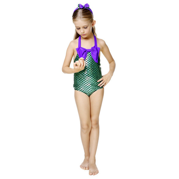 Costum de baie intreg pentru copii imitand o sirena cu panglica mov si banda de par