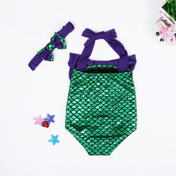Costum de baie intreg pentru copii imitand o sirena cu panglica mov si banda de par