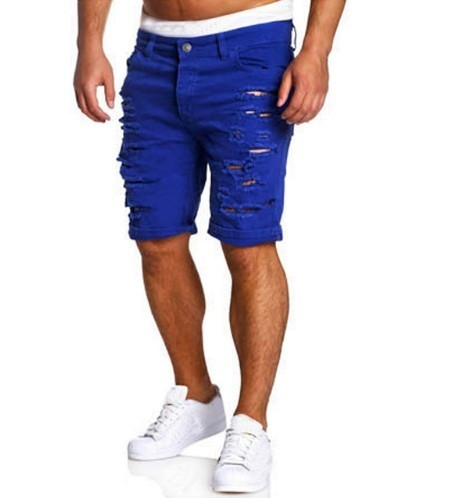 Nyári rövid farmernadrág alacsony derékkal, szakadt motívumokkal