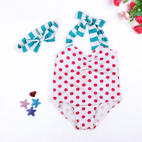 Costum de baie complet pentru copii blând pentru fete în puncte cu bandă de păr