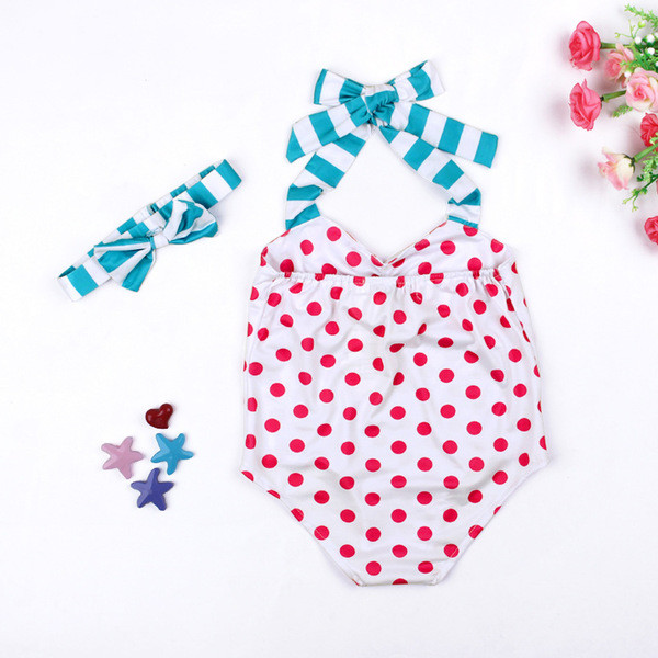 Costum de baie complet pentru copii blând pentru fete în puncte cu bandă de păr