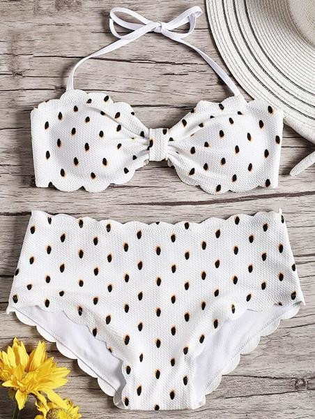 Costum de baie nou de damă din două piese alb cu model de puncte