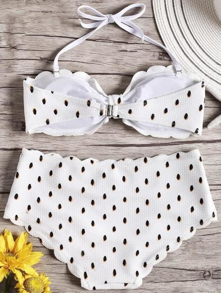 Costum de baie nou de damă din două piese alb cu model de puncte
