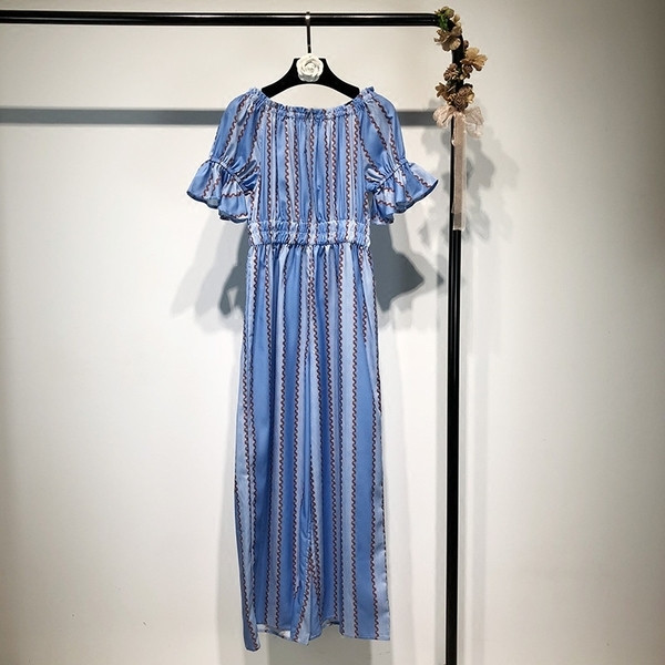 Modern nyári női hosszú jumpsuit rövid ujjú kék színben, mintával