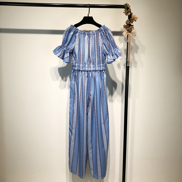 Modern nyári női hosszú jumpsuit rövid ujjú kék színben, mintával