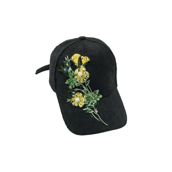 Modern kordbársony női sapka napellenzővel, különböző színekben virágos hímzéssel