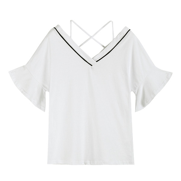 Alkalmi női blúz rövid ujjal, fehér és fekete V-nyakkal