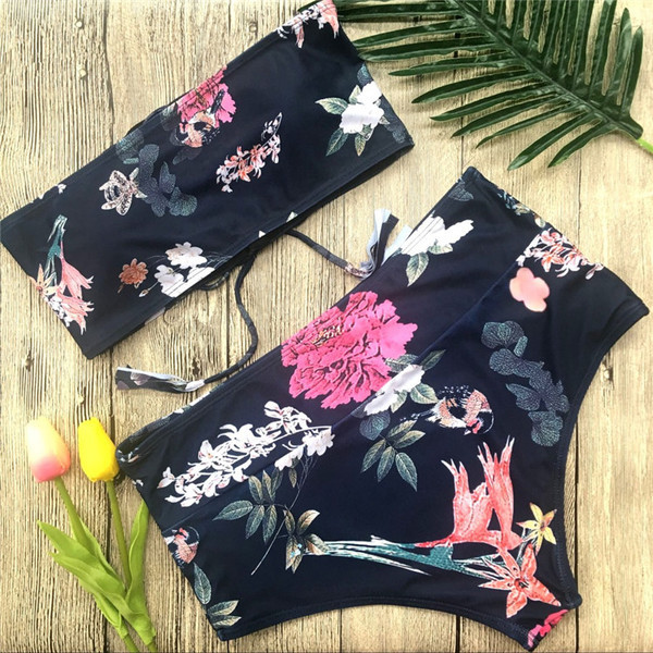 Virágmintás női fürdőruha megkötős bikinivel, magas derékkal