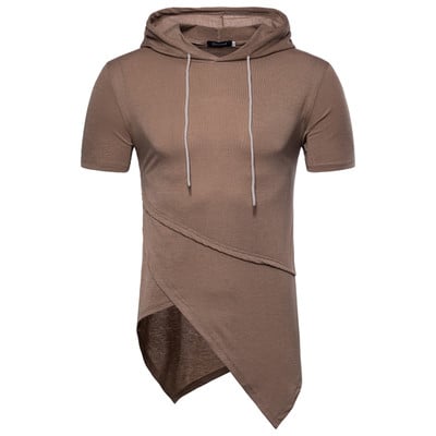 Summer men`s t-shirt in several colors with a hood cut at the bottom