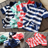 Csíkos gyermek póló fiúknak magas gallérral, gombokkal több színben