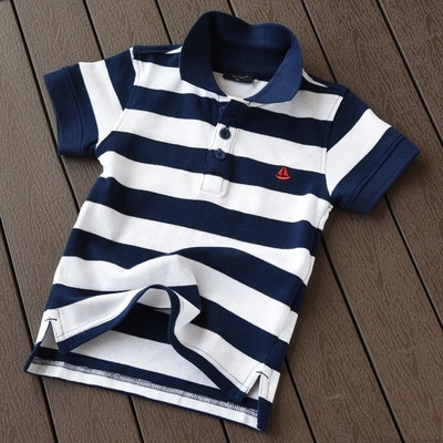 Csíkos gyermek póló fiúknak magas gallérral, gombokkal több színben