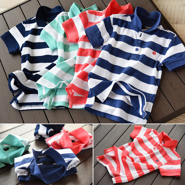 Csíkos gyermek póló fiúknak magas gallérral, gombokkal több színben