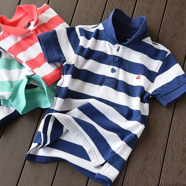 Csíkos gyermek póló fiúknak magas gallérral, gombokkal több színben