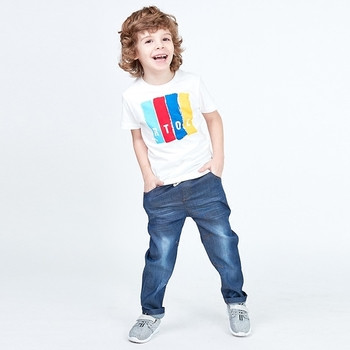 Παιδικό μπλουζάκι για κορίτσια και αγόρια σε δύο χρώματα με έγχρωμες λωρίδες και επιγραφή