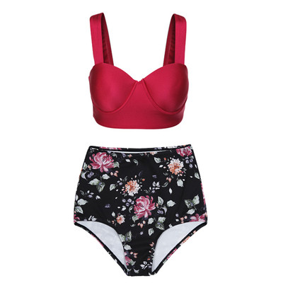 Costum de baie dama de la Vde parts - bikini cu talie inalta cu model floral si top in culoarea rosu