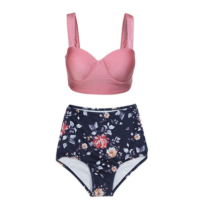 Γυναικείο μαγιό - μπικίν με ψηλή  μέση με floral μοτίβα σε κόκκινο χρώμα