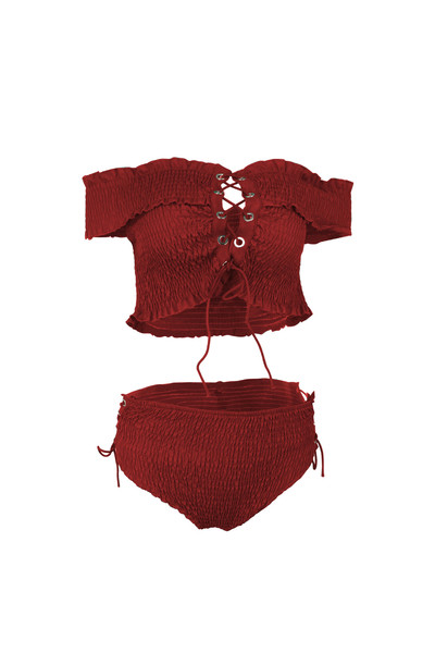 Kétrészes női fürdőruha magas derékú bikinivel és rövid ujjú felsővel