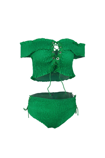 Kétrészes női fürdőruha magas derékú bikinivel és rövid ujjú felsővel