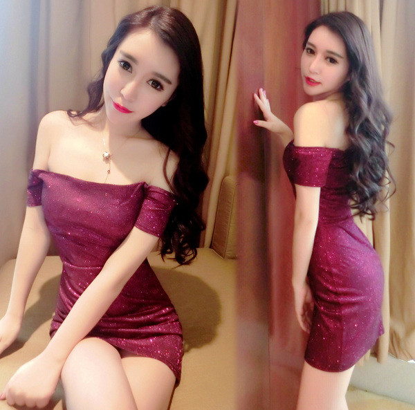 Stílusos, fényes női ruha ejtett váll