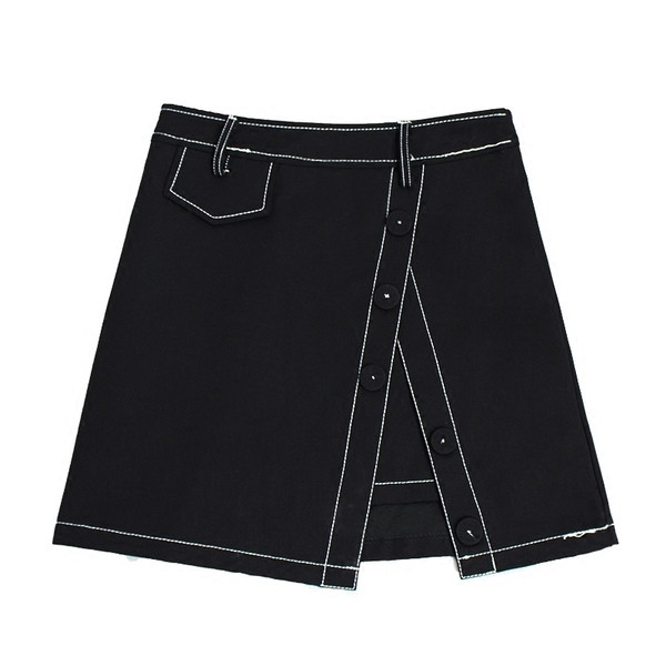 Stílusos női szoknya magas derékkal, fehér és fekete díszgombokkal