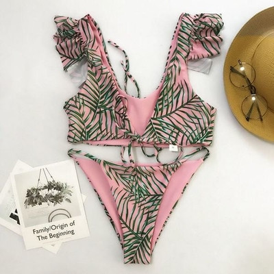 Stílusos kétrészes fürdőruha rózsaszín színű, nyakkendővel és mintával