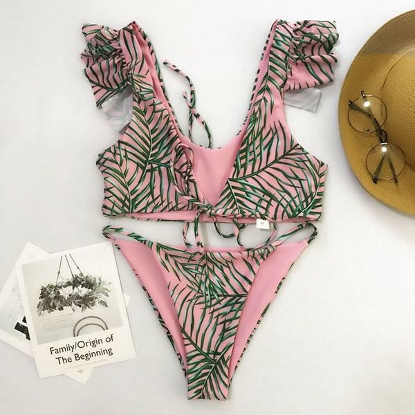 Stílusos kétrészes fürdőruha rózsaszín színű, nyakkendővel és mintával