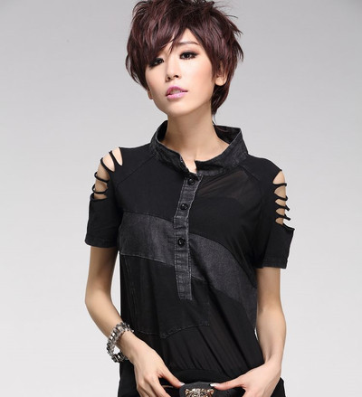 Γυναικείο casual πουκάμισο με κομμένα σχέδια σε μαύρο χρώμα