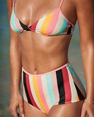 Costum de baie cu dungi colorate din două piese și bikini cu talie înaltă