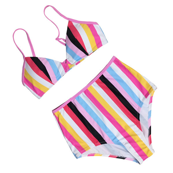 Costum de baie cu dungi colorate din două piese și bikini cu talie înaltă