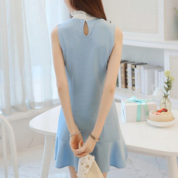 Κομψό γυναικείο  φόρεμα με κολάρο σε σχήμα Γ σε μπλε χρώμα