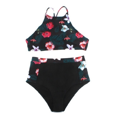 Costum de baie din două părți - bikini cu talie înaltă și bustieră cu motiv floral