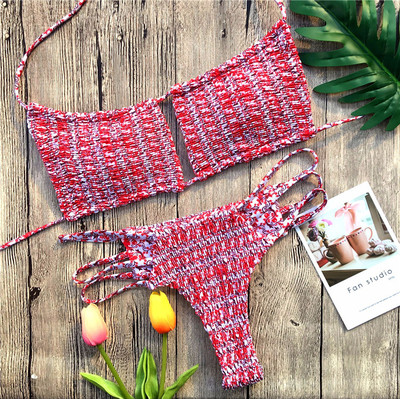 Costum de baie de dama decupat cu cravate subtiri in multe culori