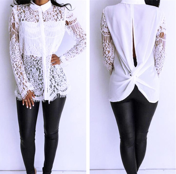 Stílusos női csipke ing rejtett gombokkal és hasítékkal a hátán