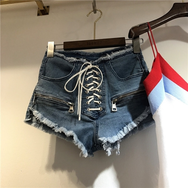 Női magas derekú rövidnadrág fűzős dekorációs cipzárral, két színben