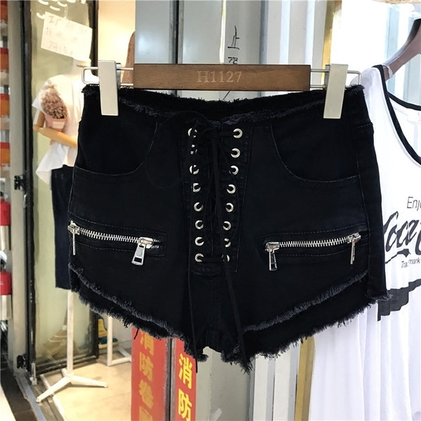 Női magas derekú rövidnadrág fűzős dekorációs cipzárral, két színben