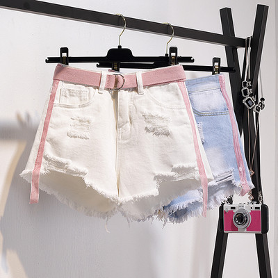Дамски къси дънкови панталони с висока талия разръфани с розов кант в два цвята бял/син