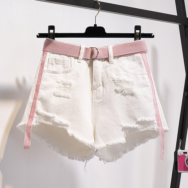 Rózsaszín szegéllyel szaggatott, magas derekú női farmer rövidnadrág, két színben fehér/kék