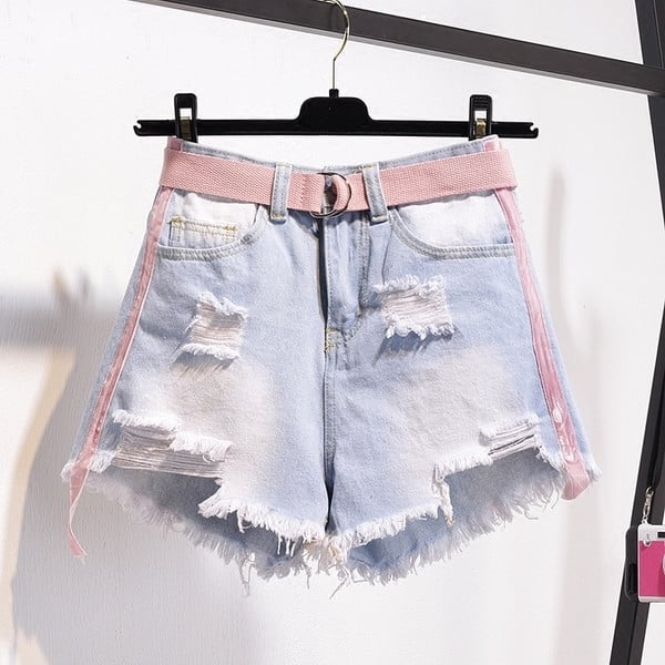 Rózsaszín szegéllyel szaggatott, magas derekú női farmer rövidnadrág, két színben fehér/kék