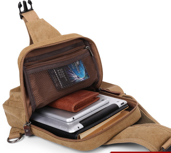 Hétköznapi kis férfi hátizsák anyagból, hosszú fogantyúval, több színben zsebekkel