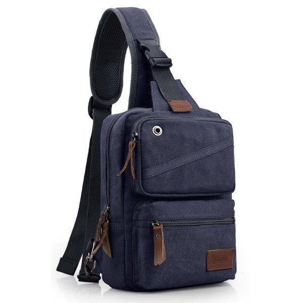 Hétköznapi kis férfi hátizsák anyagból, hosszú fogantyúval, több színben zsebekkel