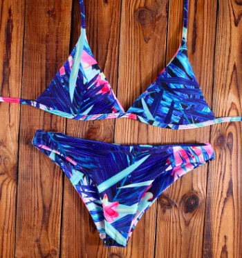 Costum de baie de damă din două piese albastru cu imprimeu floral